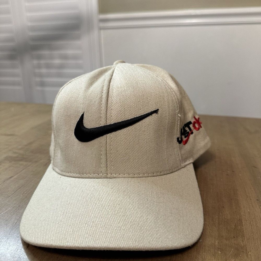 VINTAGE Nike Hat Cap Strap Back Beige Swoosh Just Do It Embroidered 90s Made USA